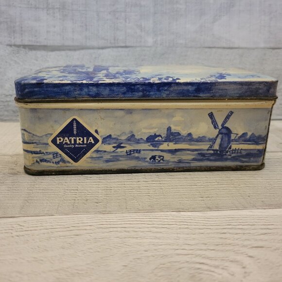 Vintage Patria Windmill Design Metal Tin Box 1970s Dutch Blue & White - Picture 8 of 11